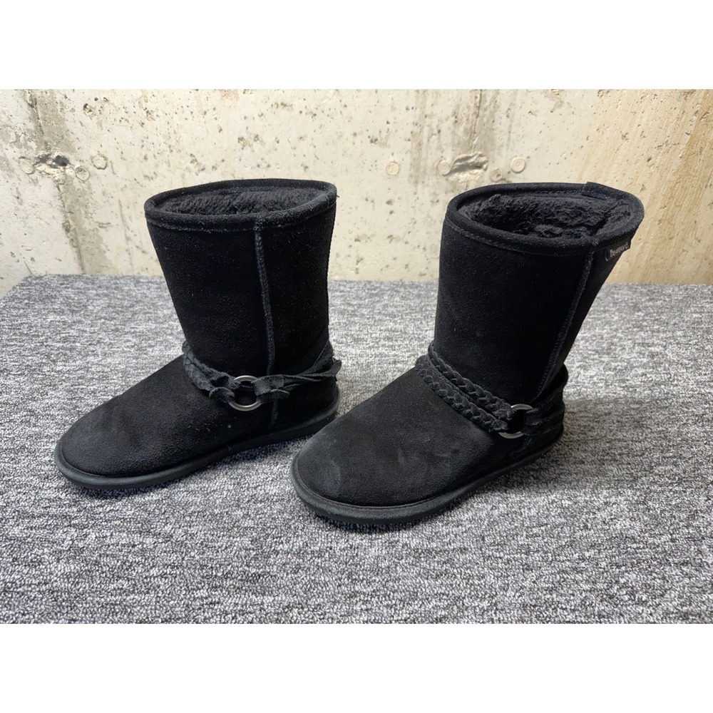 Bearpaw Black Suede Mid-Calf Boots Braided Strap Faux Fur Lined Womens 8